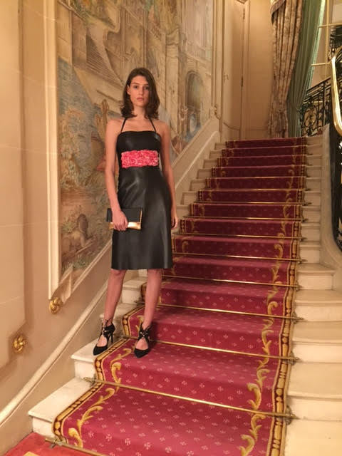 Model Ella King wearing Alice Archer Eliza leather dress at Harper's Bazaar 150th anniversary party at The Ritz.