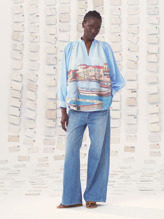 HAND EMBROIDERED SHIRT CLAUDIE SKY BLUE