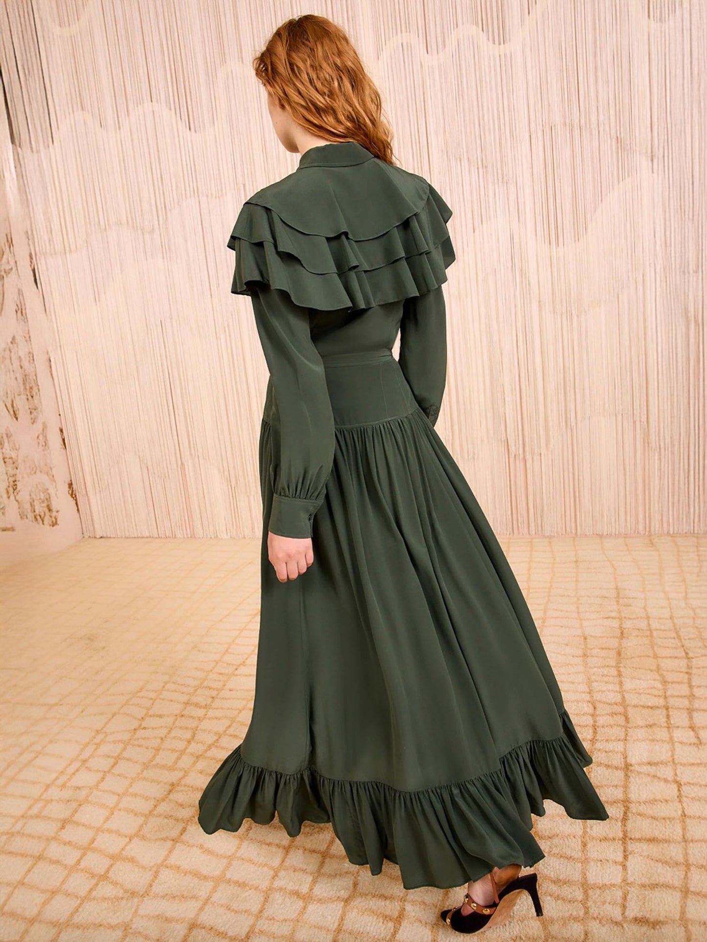 LILOU SILK RUFFLE SKIRT CYPRESS