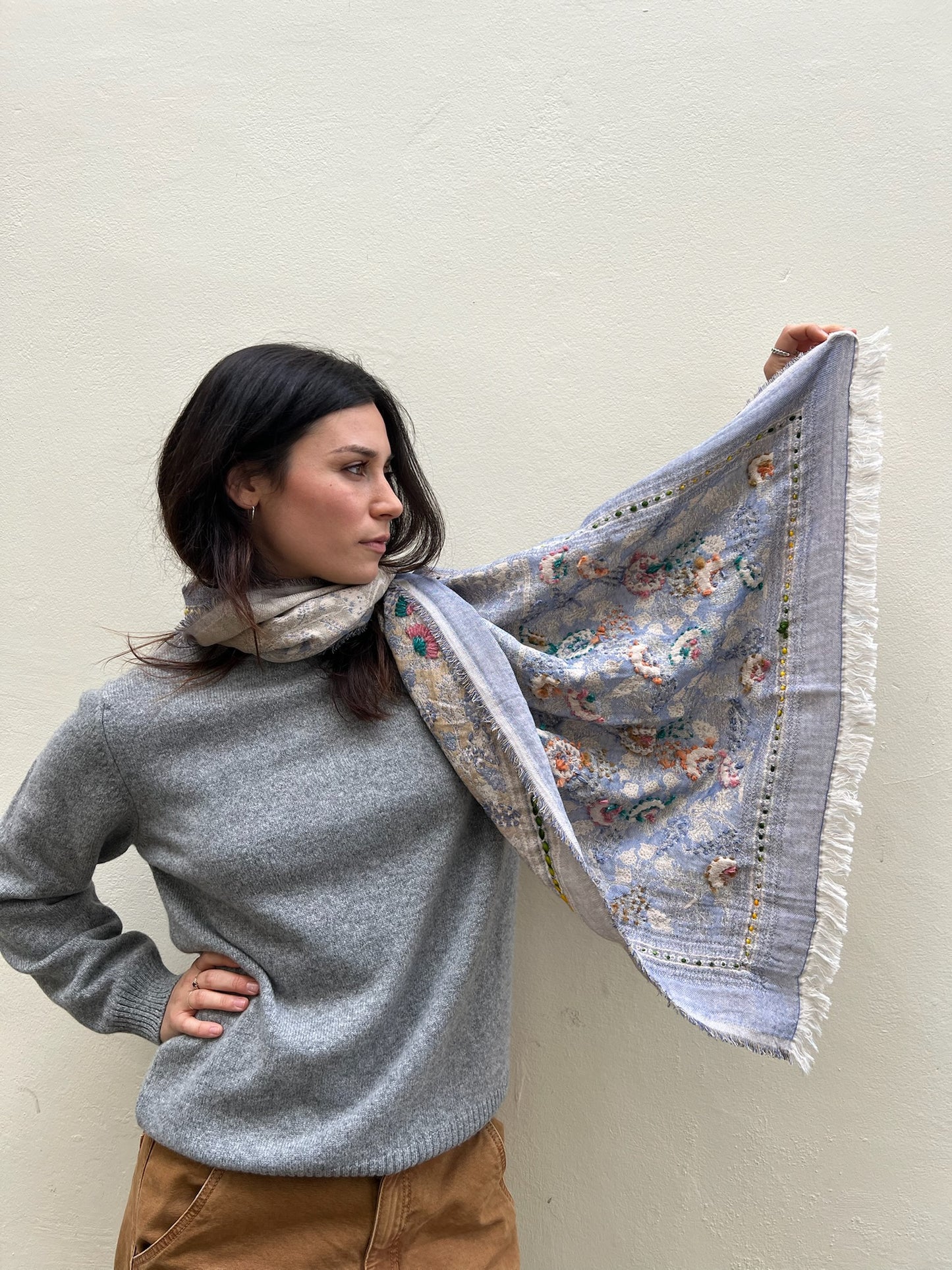 EMBROIDERED SCARF FLORAL WILD OAT