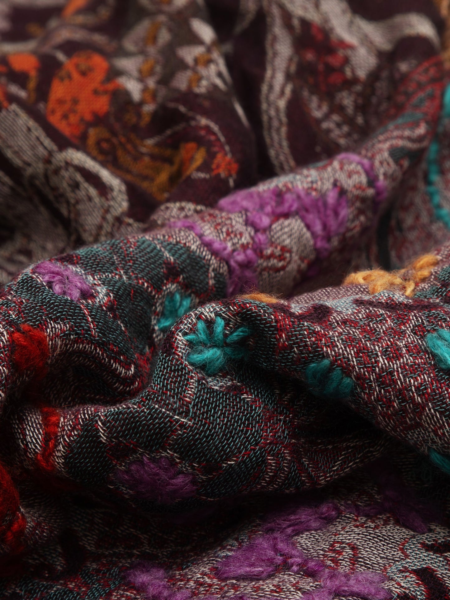 EMBROIDERED FLORAL SCARF - TEAL/BROWN