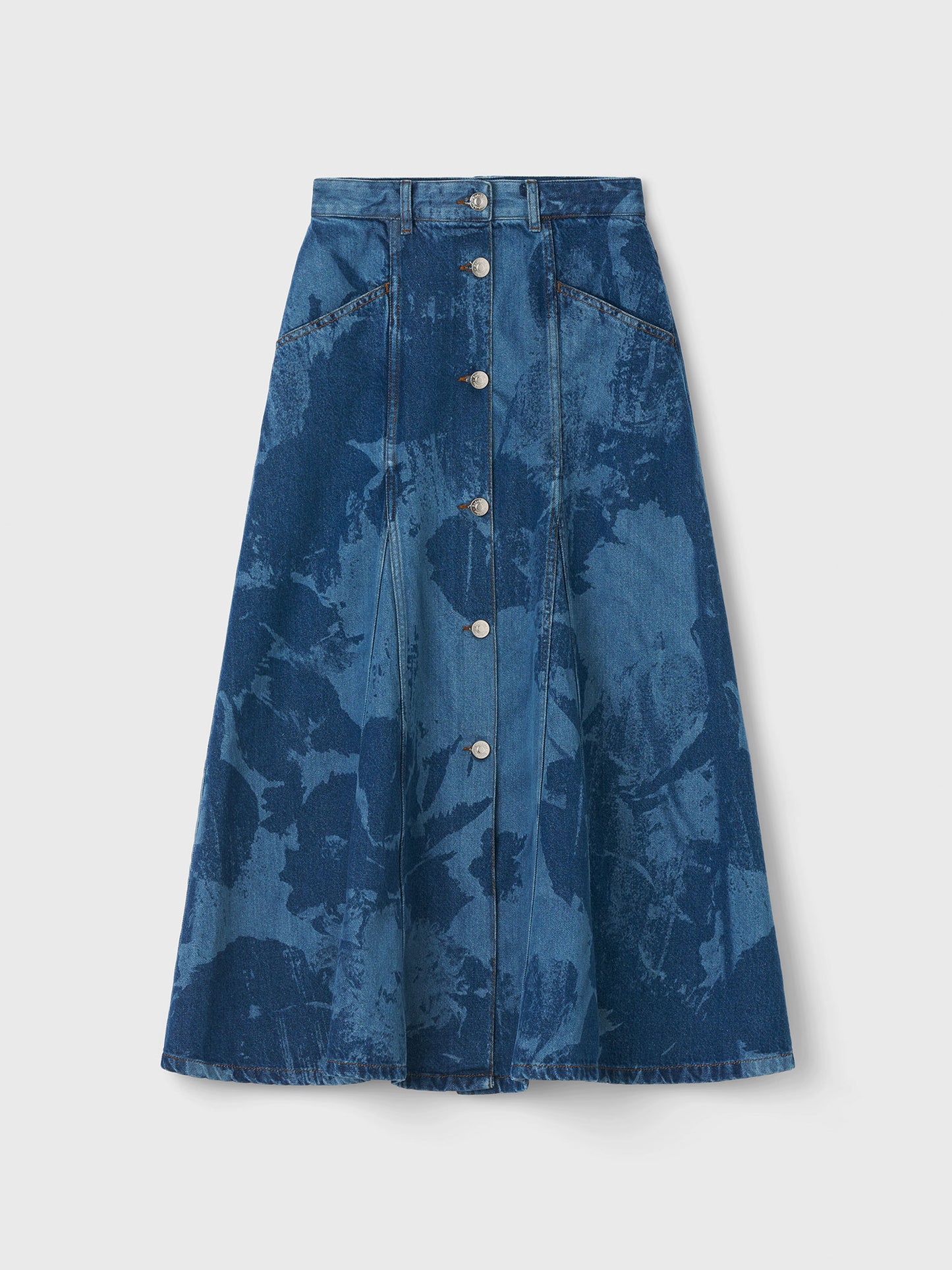 Blue denim skirt with button details on a white background