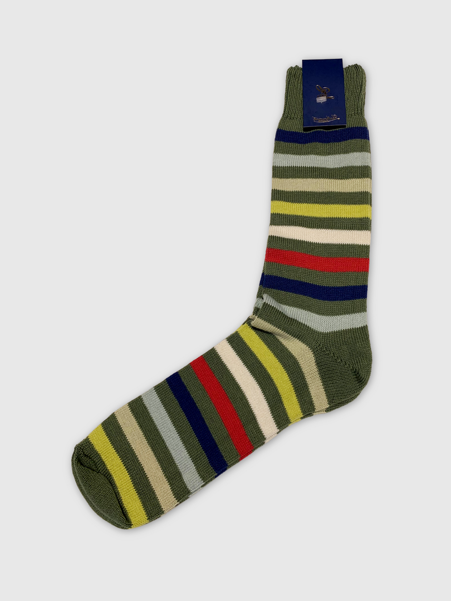 Striped sock with multicolor pattern on a white background