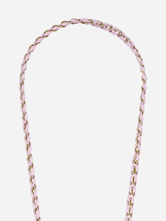 pink and gold phone chain on a white background