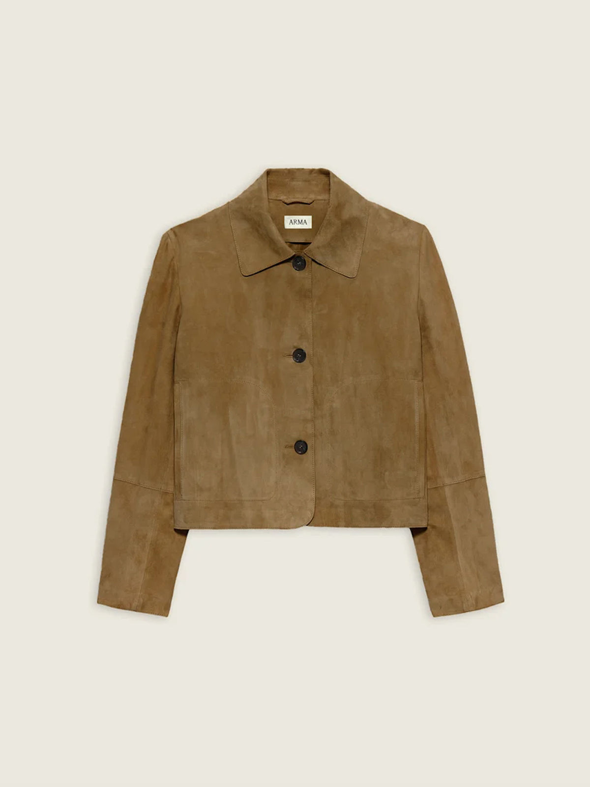 A cropped suede jacket in a warm camel brown color, featuring a pointed collar, three dark buttons down the front, and long sleeves, shown flat against a light cream background.