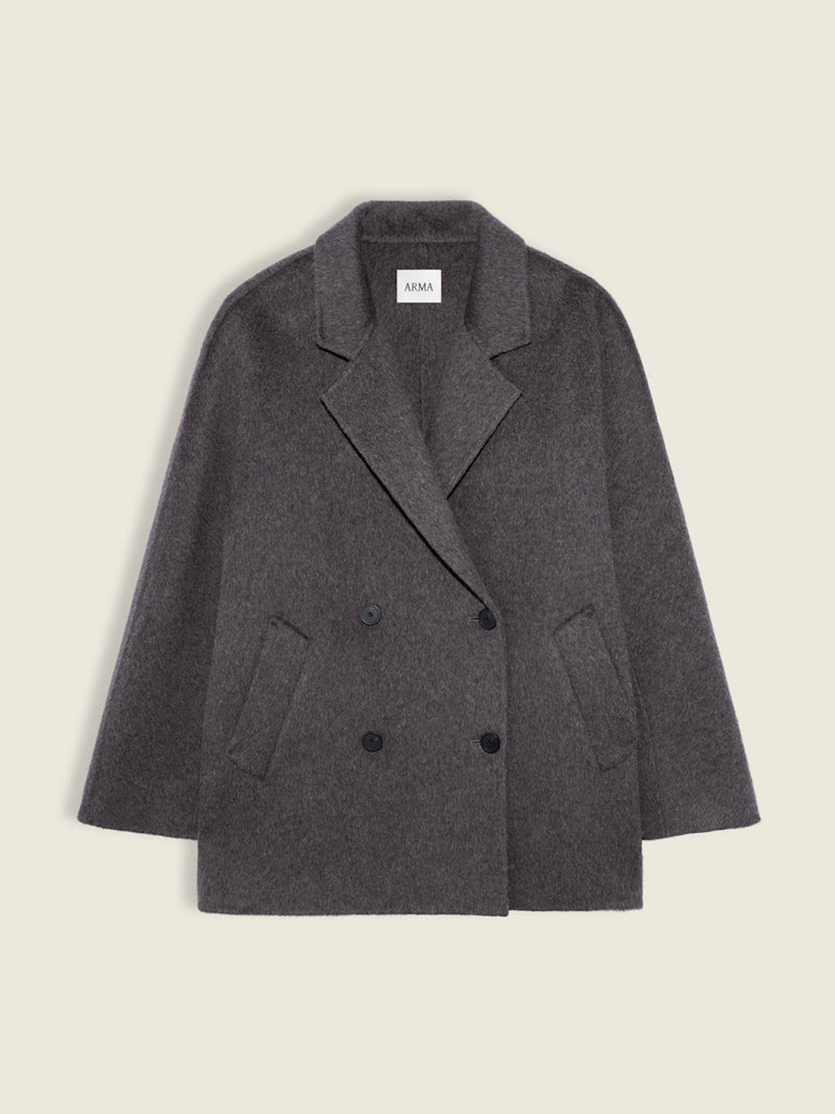 A dark gray double-breasted wool-blend blazer jacket with a notched lapel and front buttons, shown flat against a light beige background.