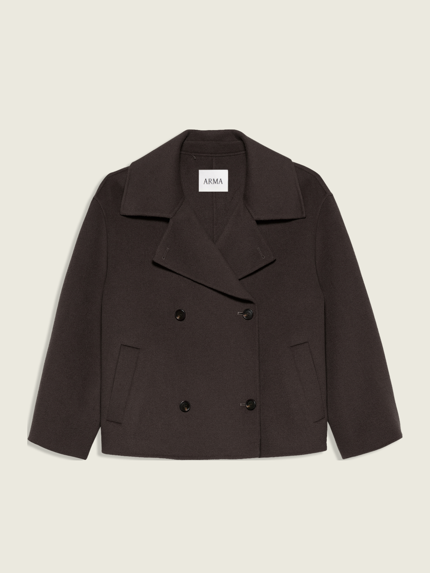 A dark brown double-breasted coat with a wide collar and flap pockets, shown flat against a light beige background. The brand name 'ARMA' is visible on the inner neck label.