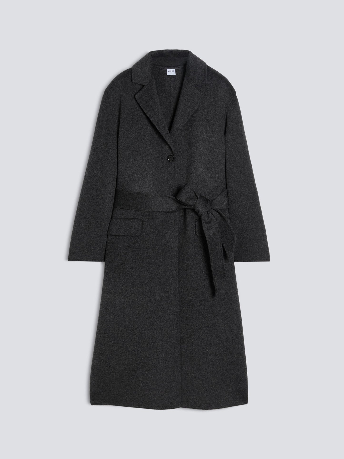 A dark charcoal gray wool coat with a matching waist tie belt, displayed flat against a light gray background.