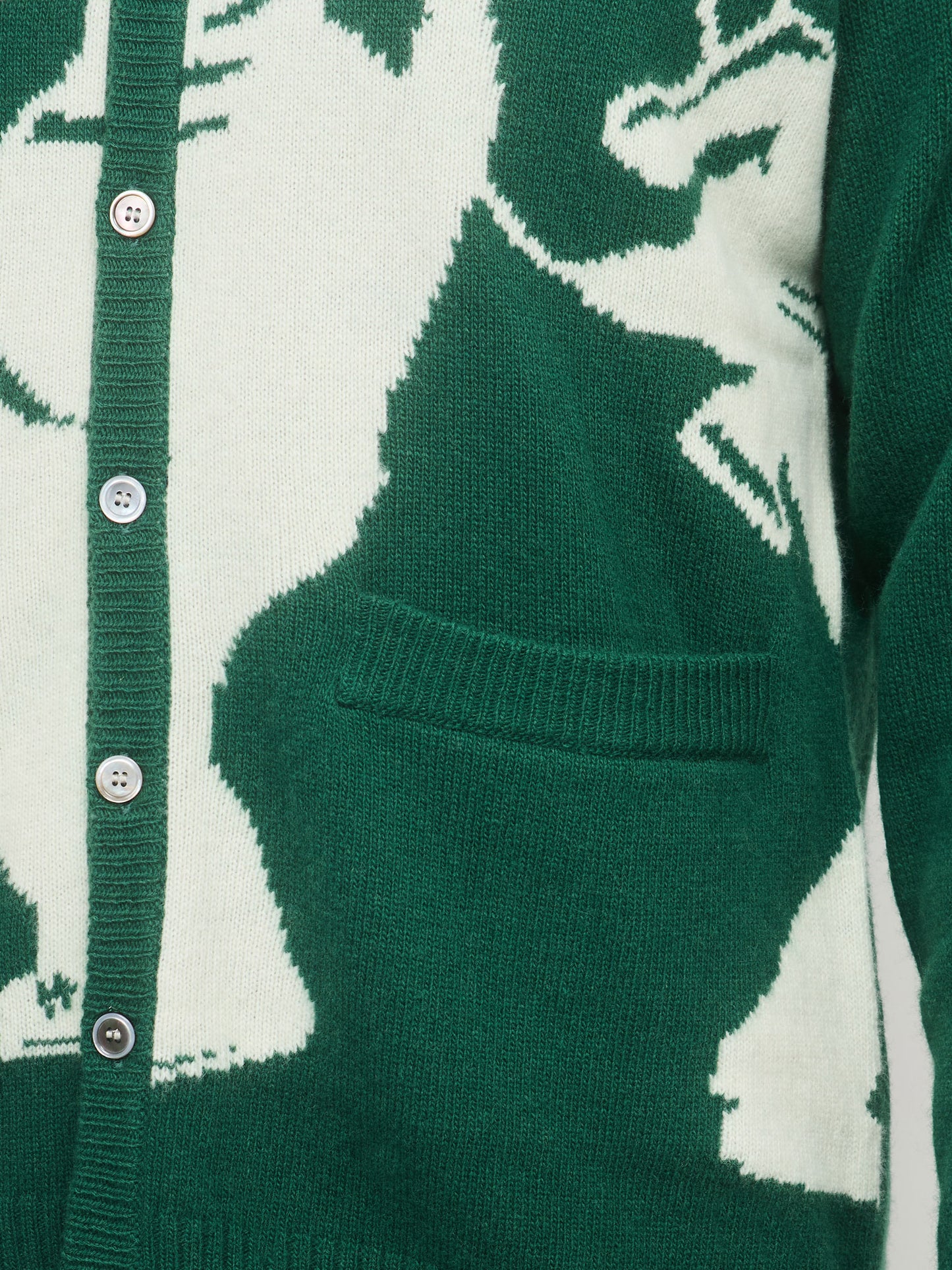Close-up of a green and white patterned cardigan with button details.