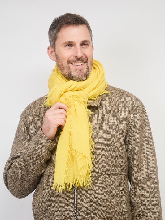 Man wearing a yellow scarf and brown coat against a white background
