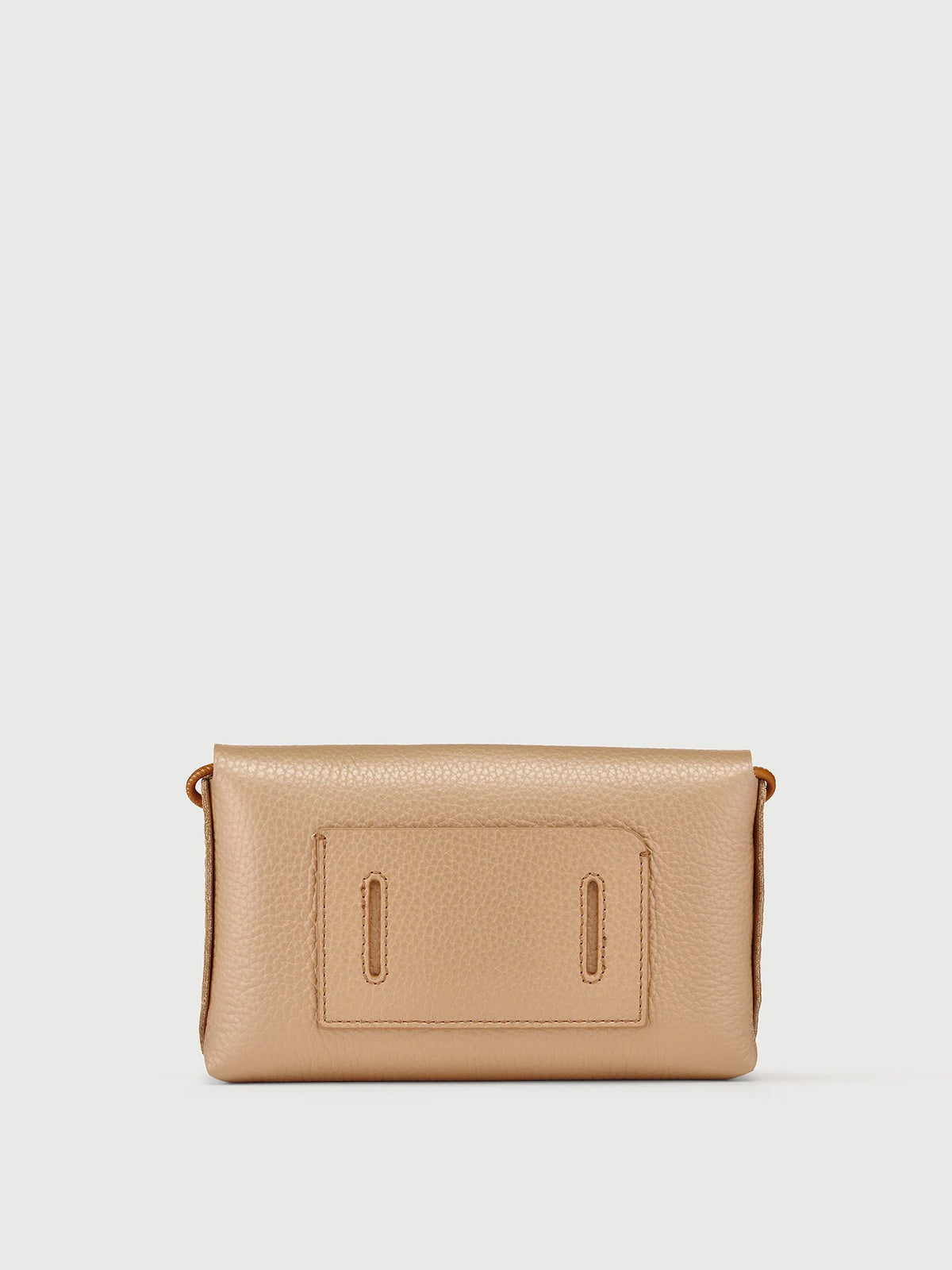 A small pebbled leather clutch bag in a light tan or beige color, featuring a front pocket with two vertical cutouts, shown against a plain light gray background.