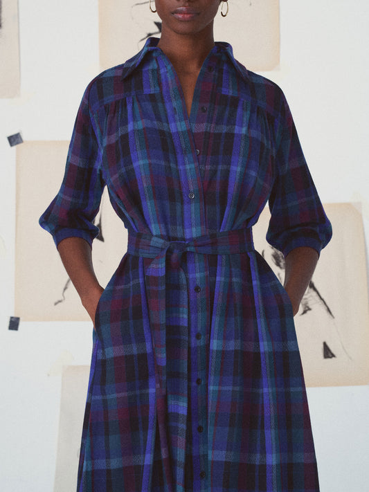 NIKI TARTAN WOOL DRESS BLUE NAVY MULTI