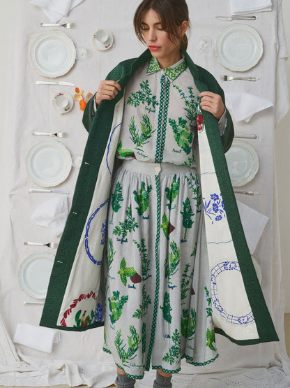 DONIV EMB SILK KANTHA COAT FOREST GREEN