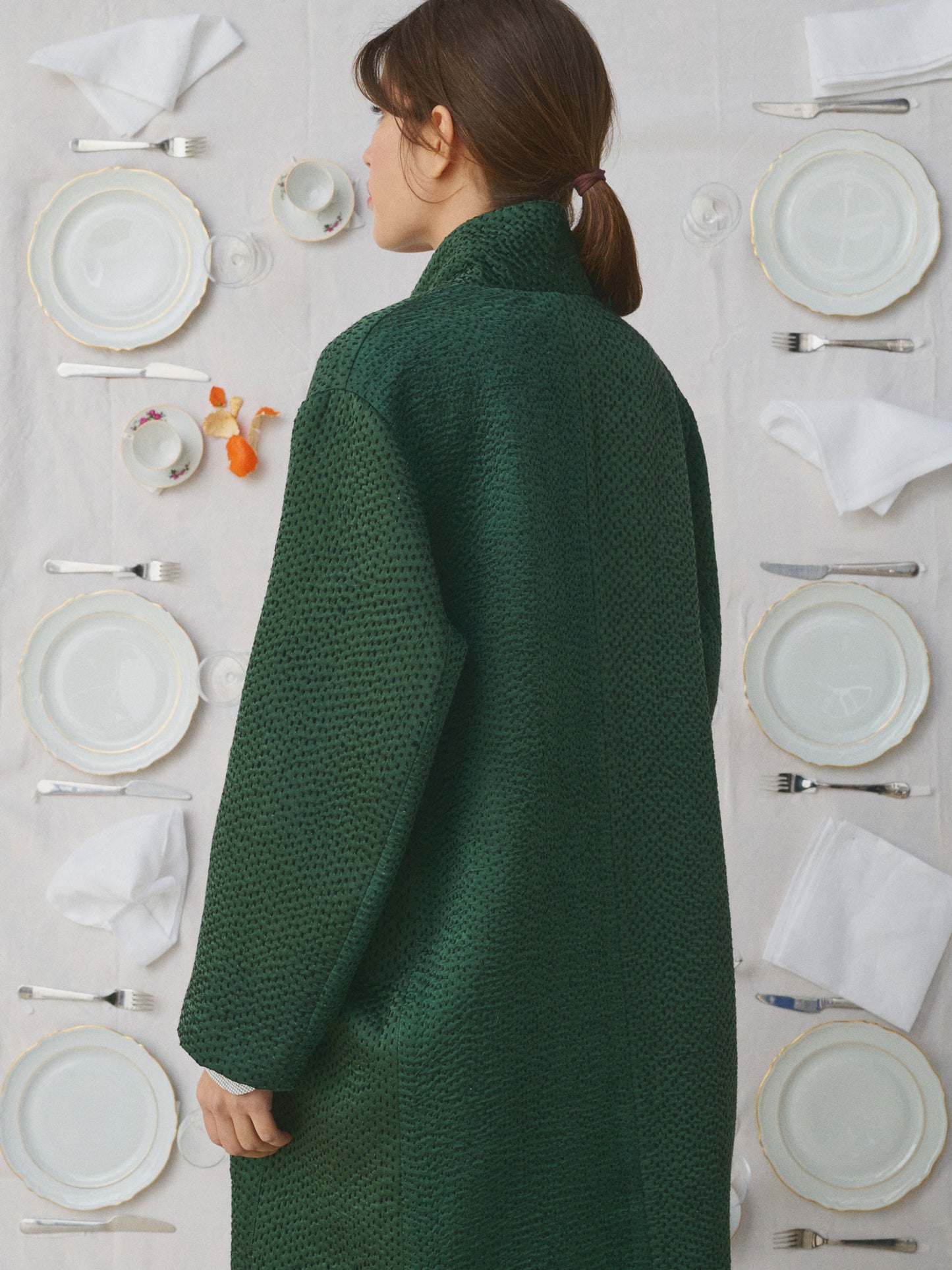 DONIV EMB SILK KANTHA COAT FOREST GREEN