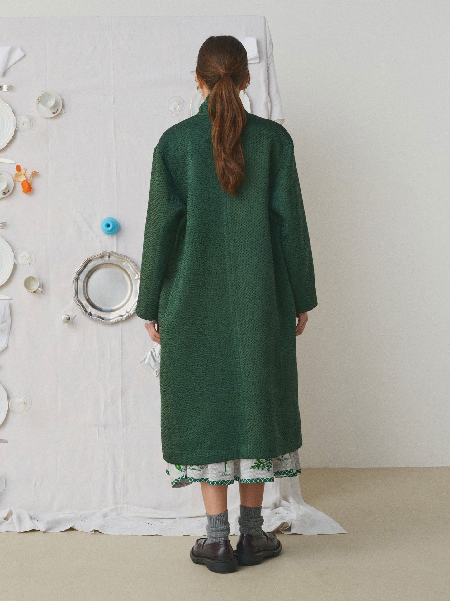 DONIV EMB SILK KANTHA COAT FOREST GREEN