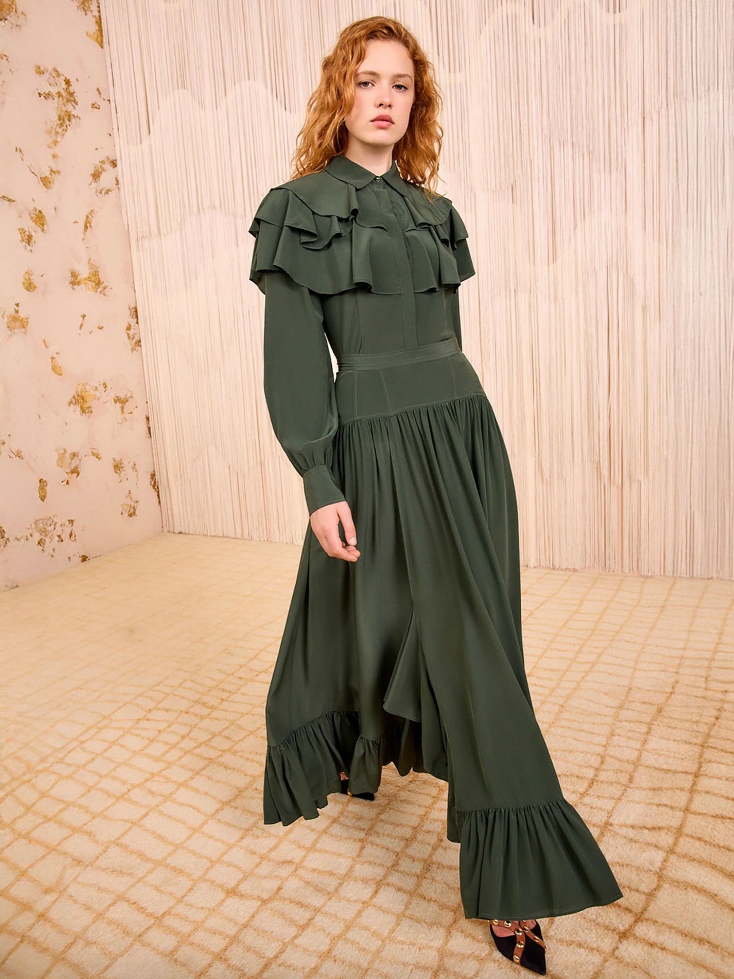 LILOU SILK RUFFLE SKIRT CYPRESS