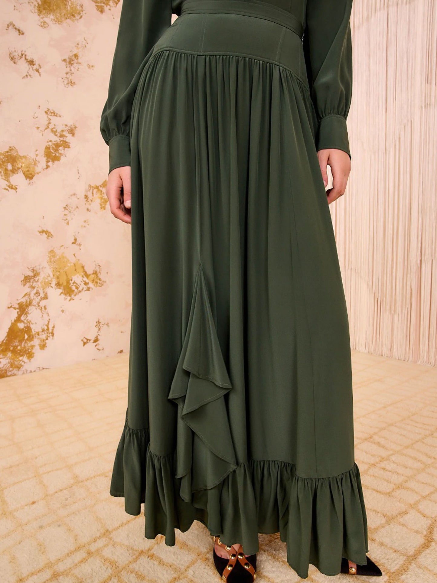 LILOU SILK RUFFLE SKIRT CYPRESS