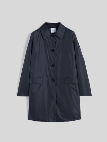 Dark blue coat with button details on a light gray background