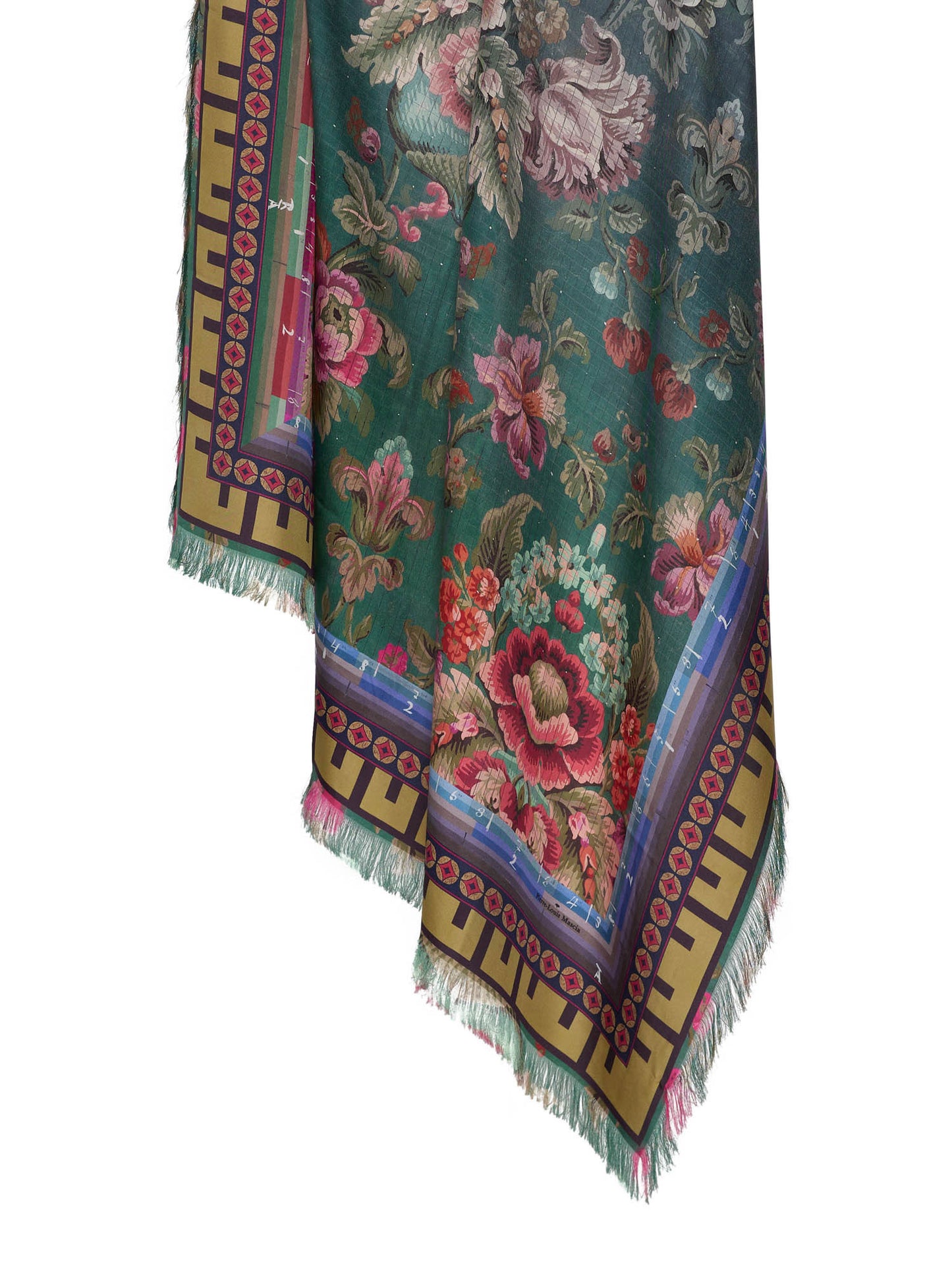 Colorful floral patterned scarf with intricate designs on a white background