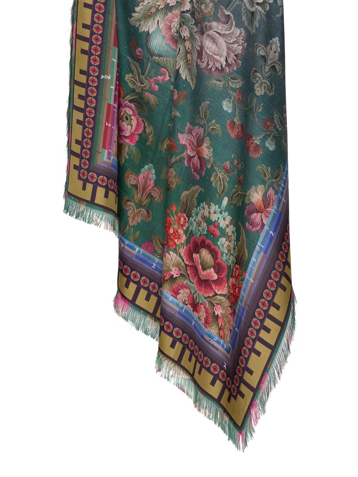 Colorful floral patterned scarf with intricate designs on a white background