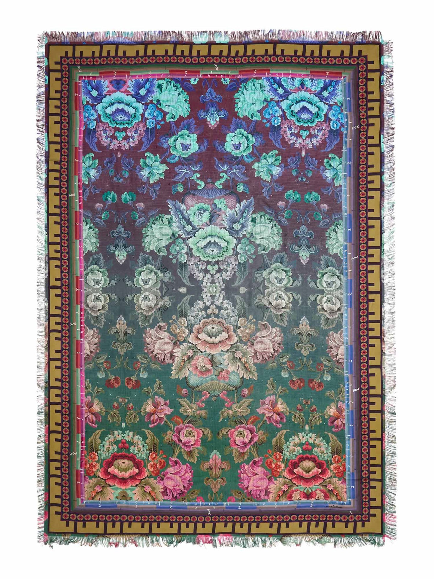 Decorative floral blanket with a colorful pattern on a white background