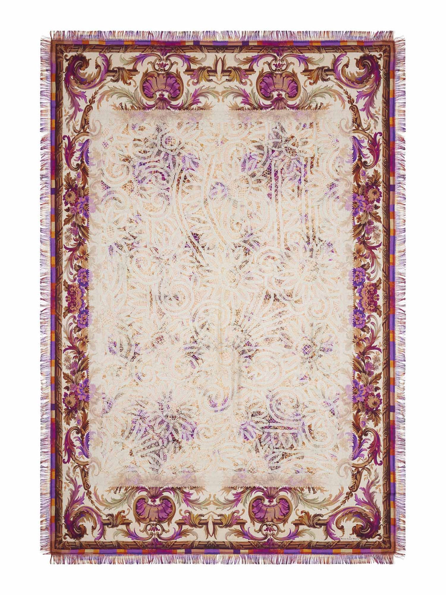 Decorative rug with intricate patterns and a border on a white background