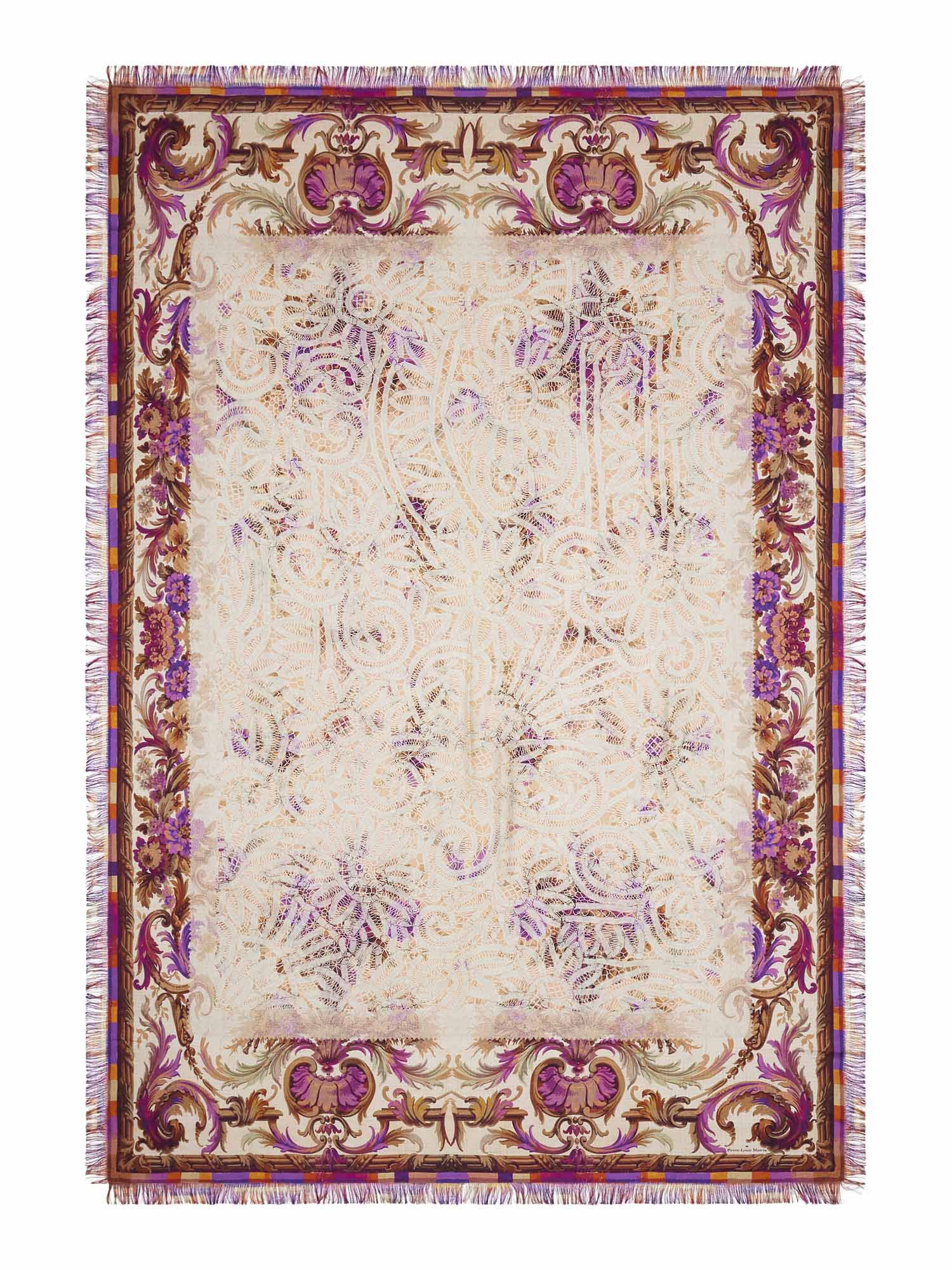 Decorative rug with intricate patterns and a border on a white background