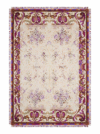 Decorative rug with intricate patterns and a border on a white background