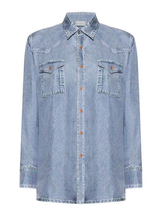 ALOE/S DENIM PRINT SILK SHIRT BLUE