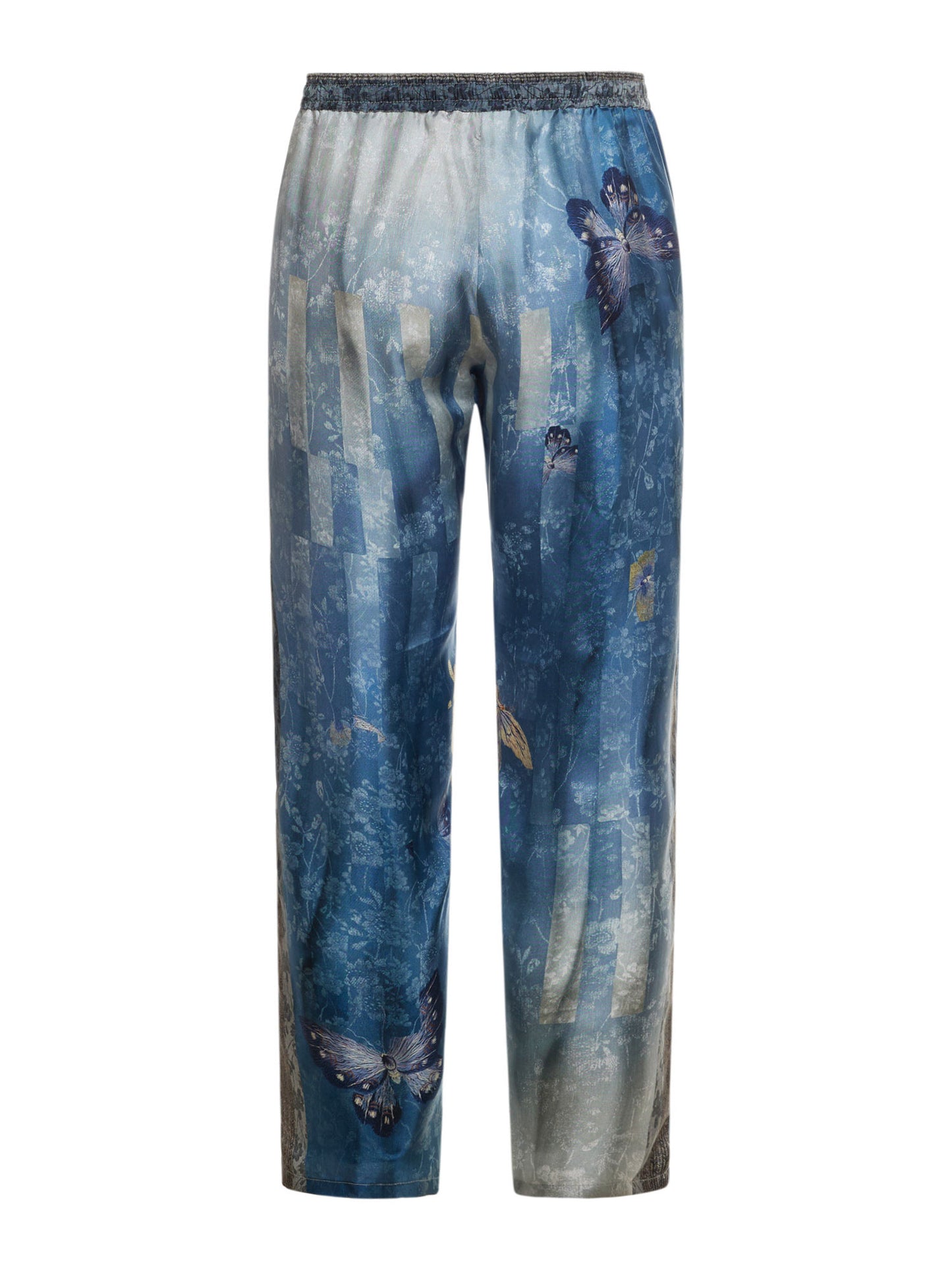 Blue and gray patterned pants on a white background