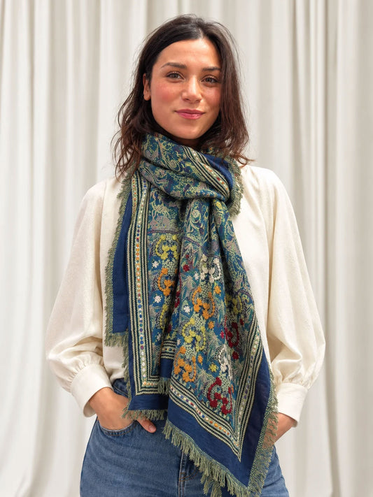 EMBROIDERED PATCHWORK SCARF FLORAL 18597-BLUE