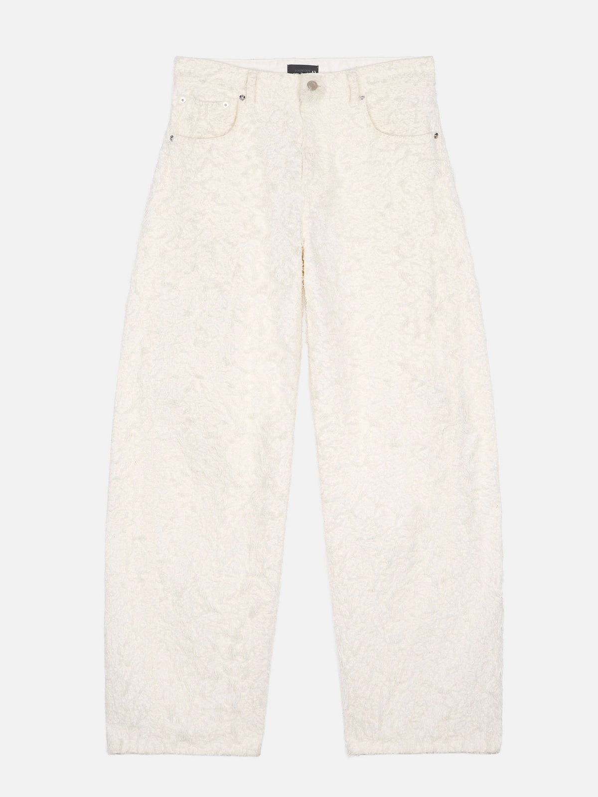 A pair of off-white textured jeans with a subtle woven pattern, shown flat against a light gray background.