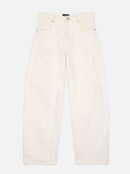 A pair of off-white textured jeans with a subtle woven pattern, shown flat against a light gray background.