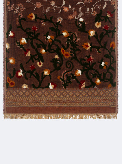SOFT COTTON EMBROIDERED FLORAL SCARF BROWN