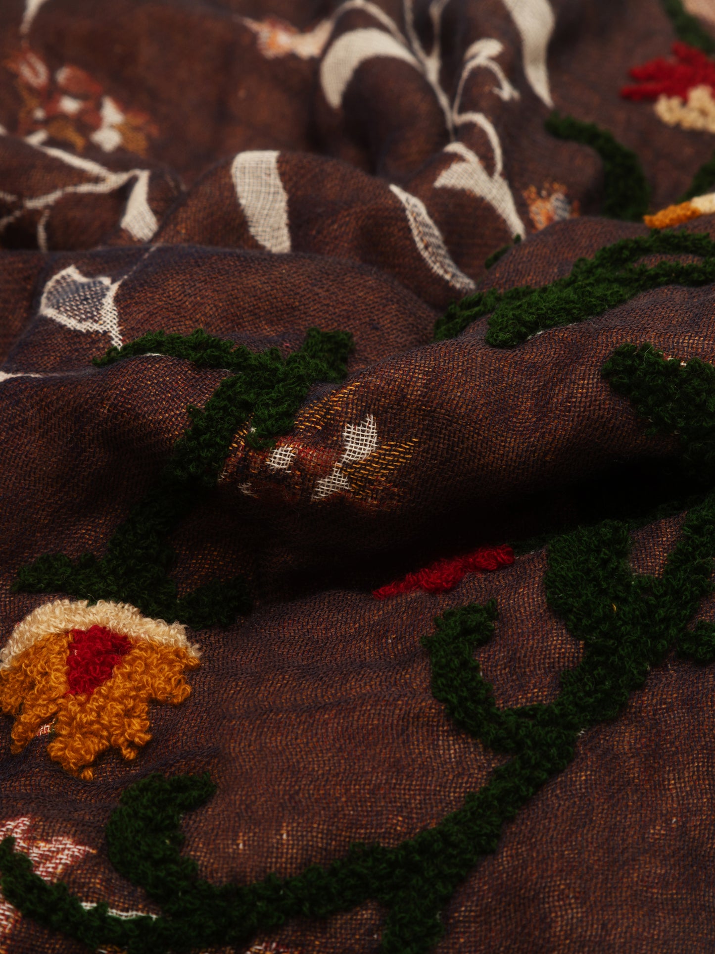 SOFT COTTON EMBROIDERED FLORAL SCARF BROWN