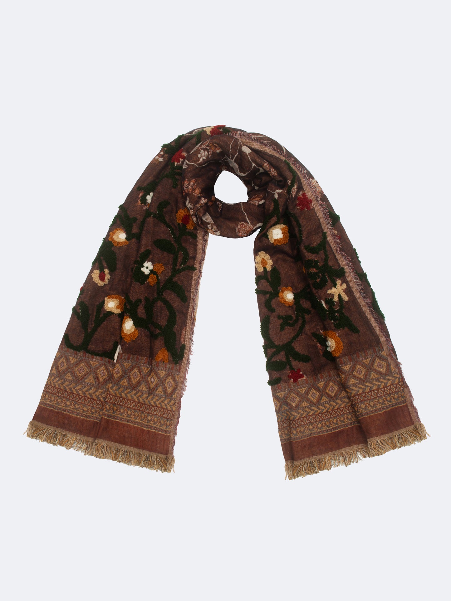 SOFT COTTON EMBROIDERED FLORAL SCARF BROWN