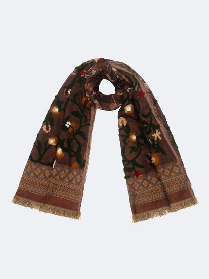 SOFT COTTON EMBROIDERED FLORAL SCARF BROWN