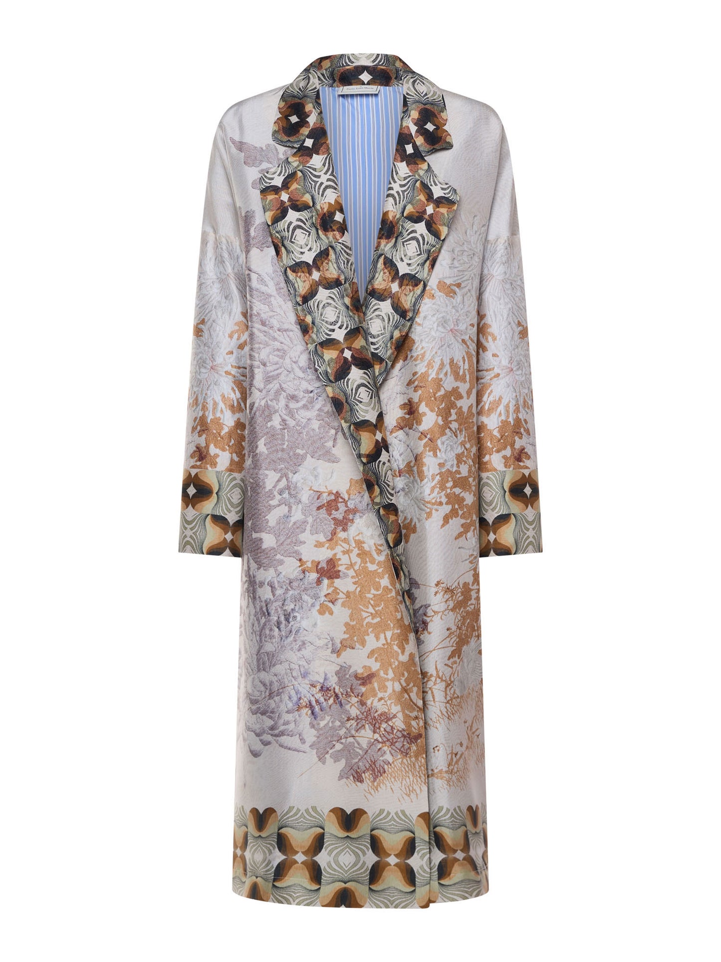 Long floral coat with a patterned collar on a white background