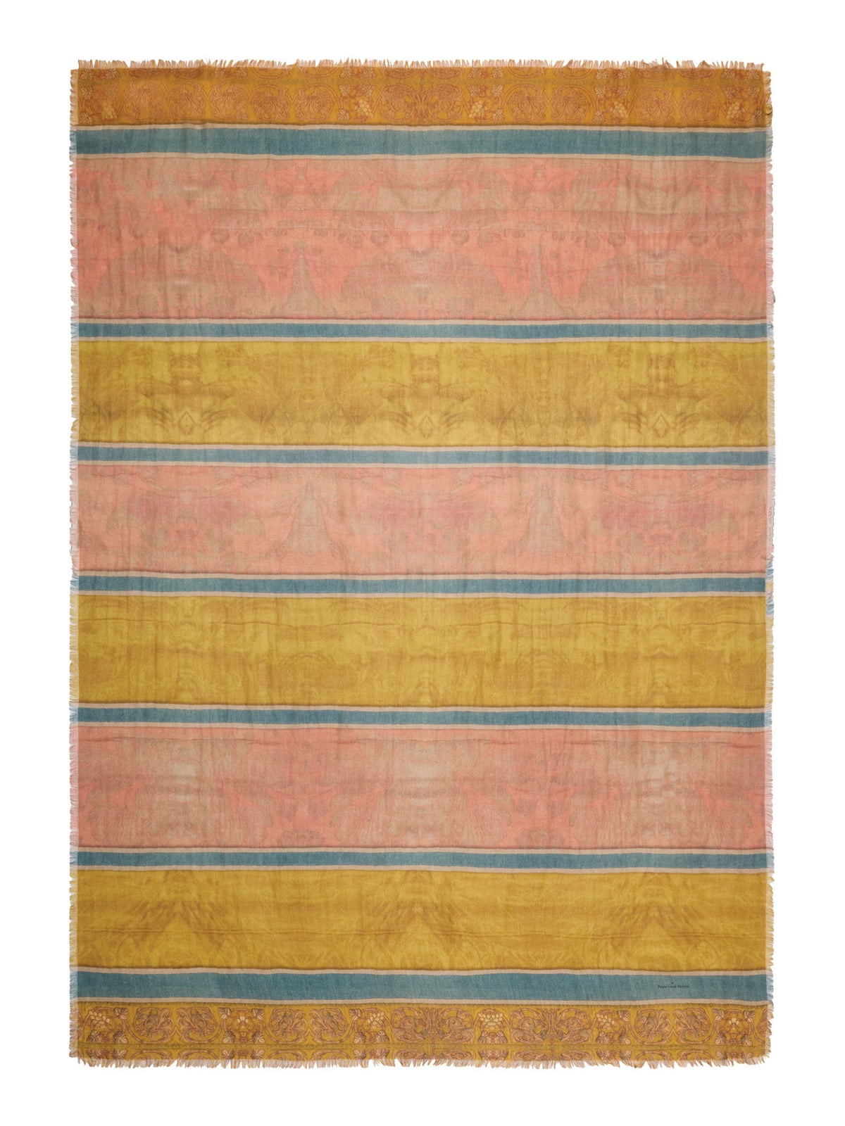 A rectangular woven scarf with horizontal stripes in dusty pink, mustard yellow, and muted blue, finished with a patterned border and fringe on the top and bottom.