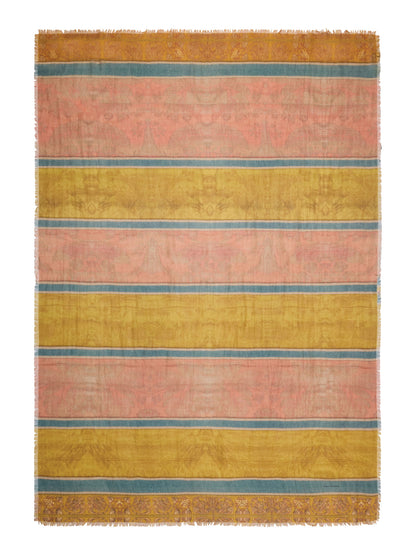 A rectangular woven scarf with horizontal stripes in dusty pink, mustard yellow, and muted blue, finished with a patterned border and fringe on the top and bottom.