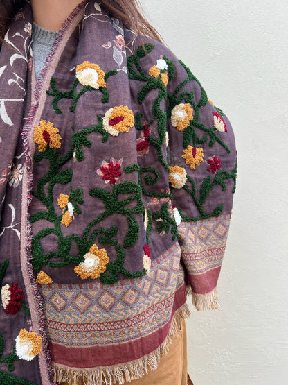 SOFT COTTON EMBROIDERED FLORAL SCARF BROWN