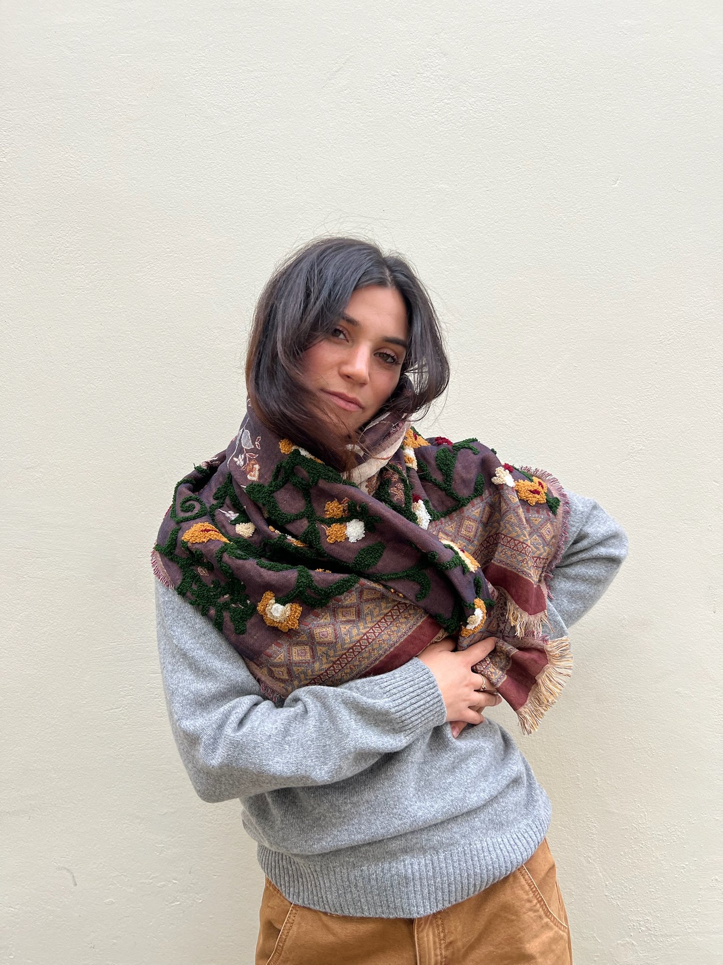 SOFT COTTON EMBROIDERED FLORAL SCARF BROWN