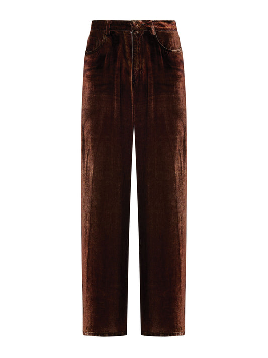 A pair of high-waisted, straight-leg trousers in a rich dark brown velvet fabric, shown flat against a solid white background.