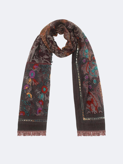 EMBROIDERED FLORAL SCARF - TEAL/BROWN