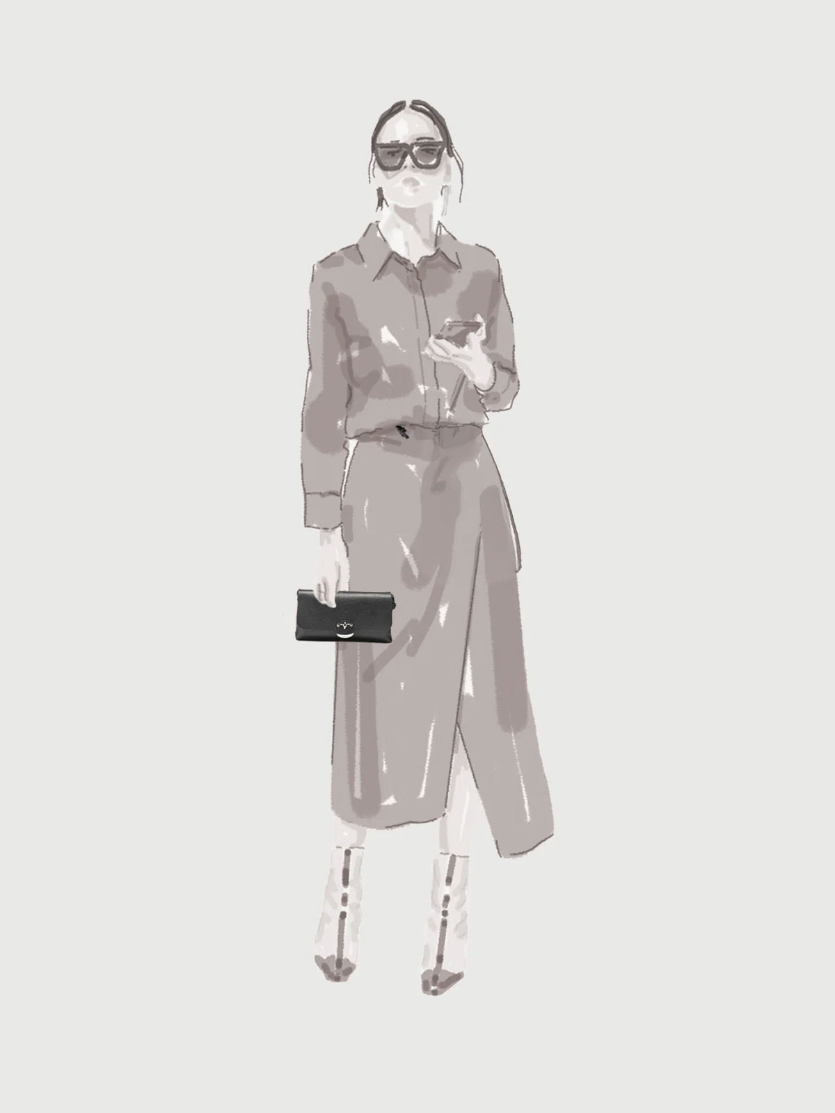 A monochrome fashion illustration of a woman wearing a long collared shirt dress, sunglasses, and holding a small black clutch, set against a plain light gray background.