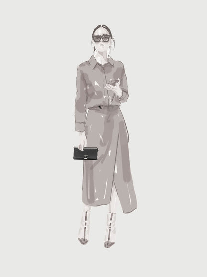 A monochrome fashion illustration of a woman wearing a long collared shirt dress, sunglasses, and holding a small black clutch, set against a plain light gray background.