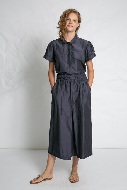 PLEATED A-LINE TAFFETA SKIRT NAVY