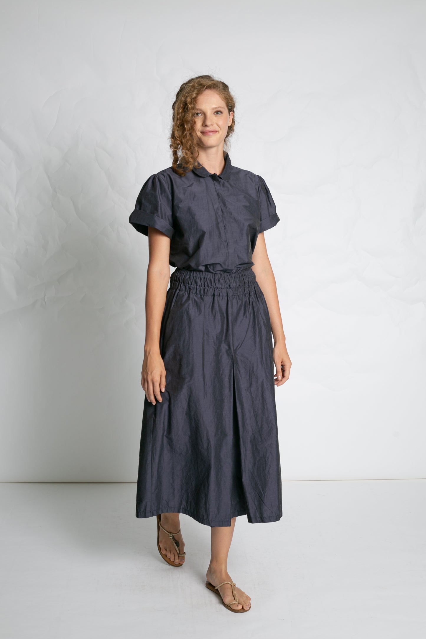 PLEATED A-LINE TAFFETA SKIRT NAVY