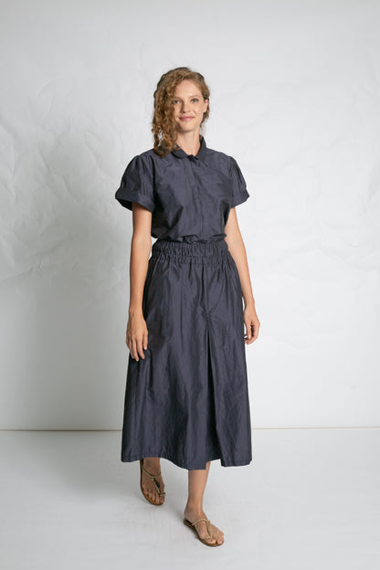 PLEATED A-LINE TAFFETA SKIRT NAVY