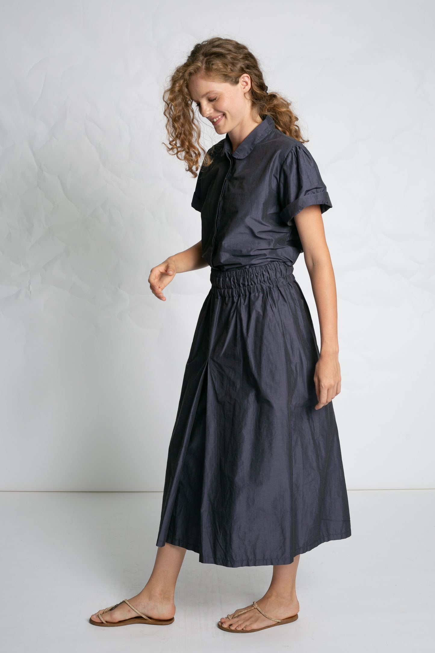 PLEATED A-LINE TAFFETA SKIRT NAVY